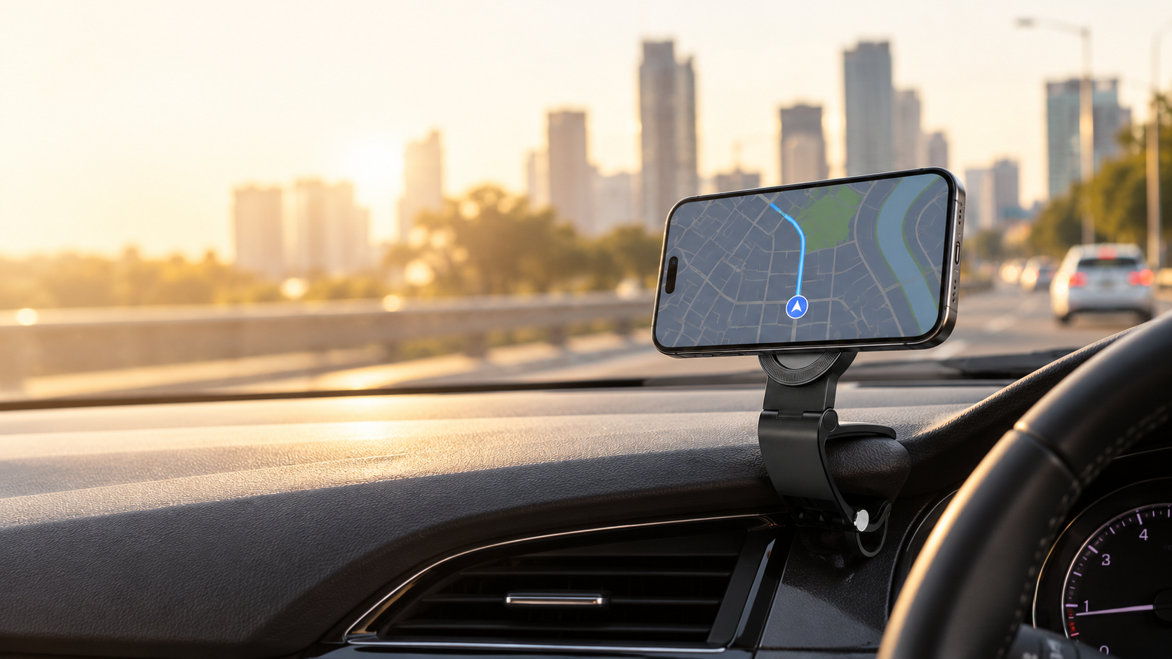 A low dashboard phone holder in a modern car at sunrise