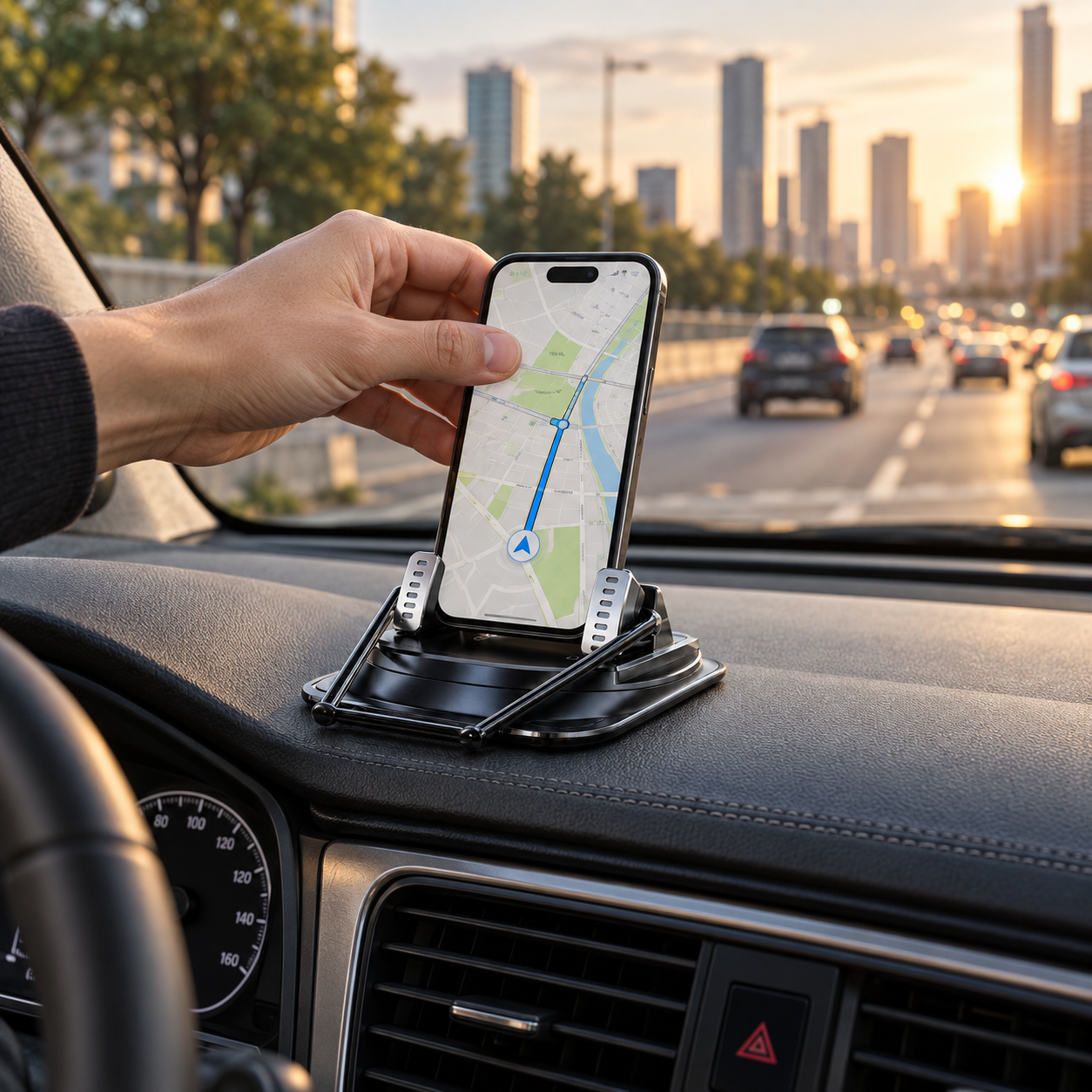Mechanical dashboard phone holder on a car dashboard