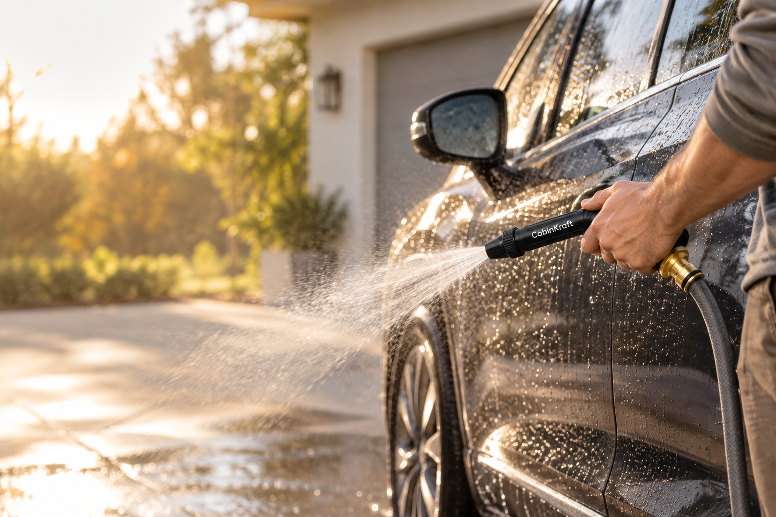 Adjustable washer nozzle rinsing a dark car